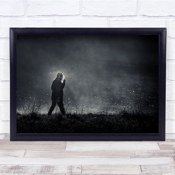 blackand Person Figure Silhouette Grass Walk Walking Fog Mist Breath Print