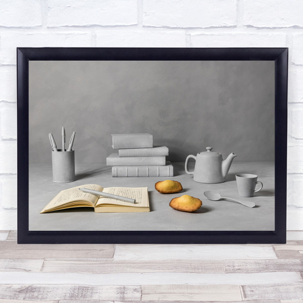 Books Cake Still Life Book Pen Pencil Spoon Tea Pot Kettle Drink Wall Art Print