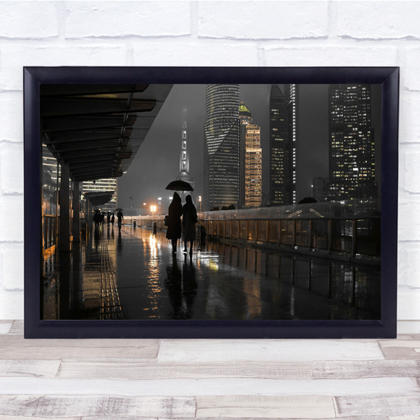 City Rain Shanghai Reflections Pedestrians Night Light Buildings Wall Art Print