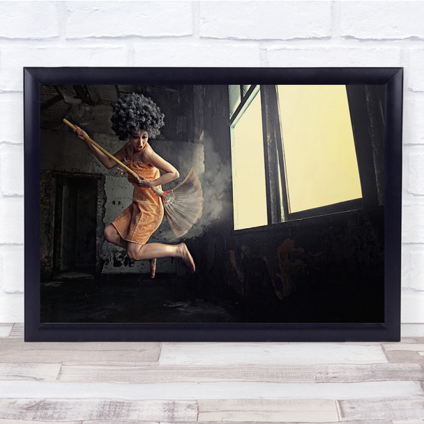 Conceptual Woman Broom Fly Window Afro Expression Room Wall Door Wall Art Print
