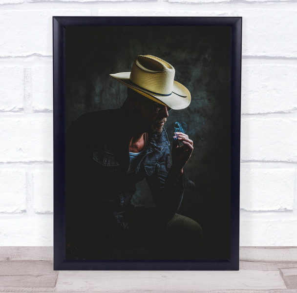Cowboy Cowboys Hat Man Dark Low Key Low-Key Smoke Smoker Smoking Wall Art Print