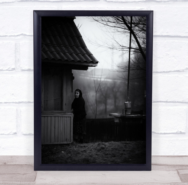 Lady Old Age Home House Well Bucket Person Rural black and white Wall Art Print