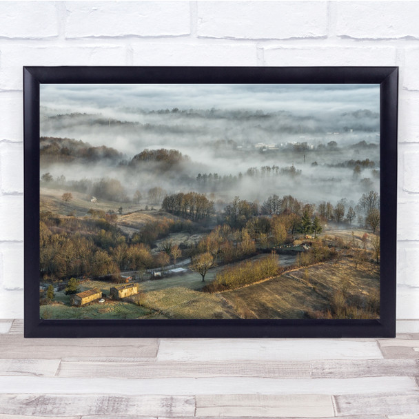 Landscape Trees Fields Clouds Fog Mist Fall Autumn Building Cold Wall Art Print