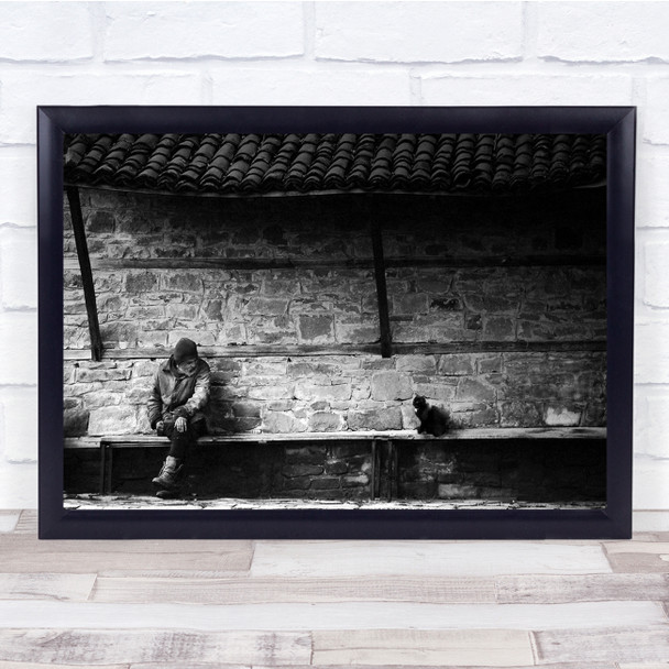 Street Man Cat Person Connection Interaction Village Black White Wall Art Print