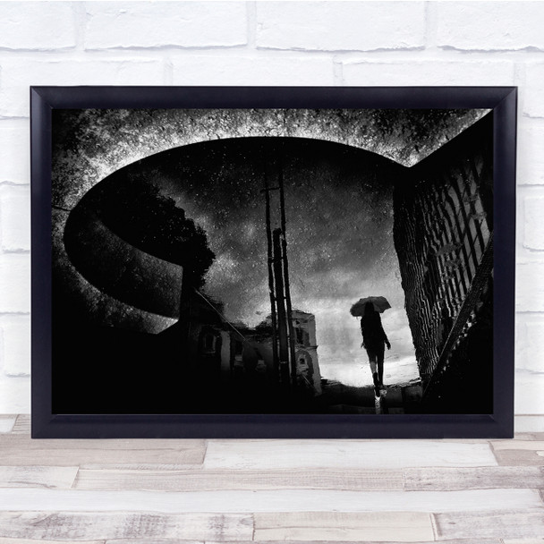 Landscape Black Puddle Dark Reflection Street Umbrella Person Silhouette Print