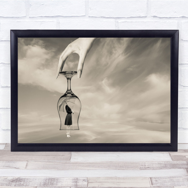 Black & White Landscape Sky Clouds Abstract Woman Umbrella In Glass Hand Print