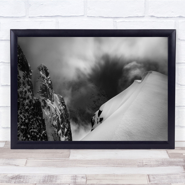 Black & White Winter Mountains Snow Ice Skiing Cliffside Clouds Wall Art Print