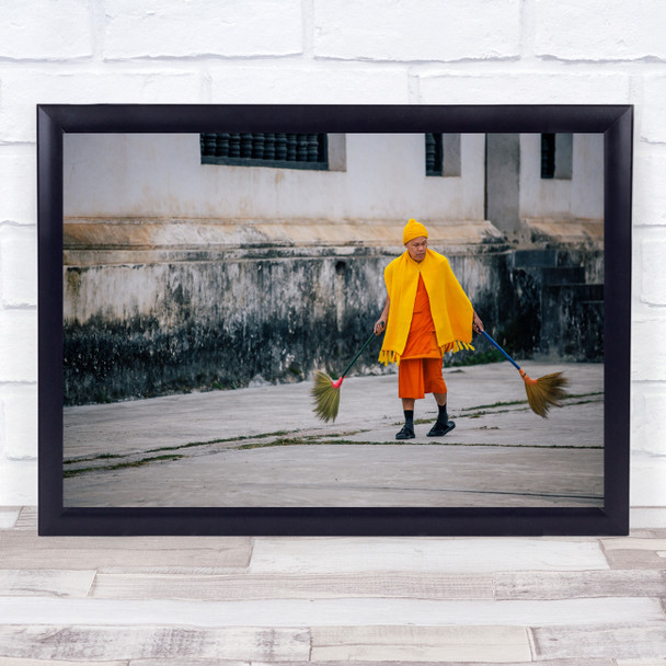 Laos Monk Temple Sweeping Clean Cleaning Broom Yellow Monastery Wall Art Print