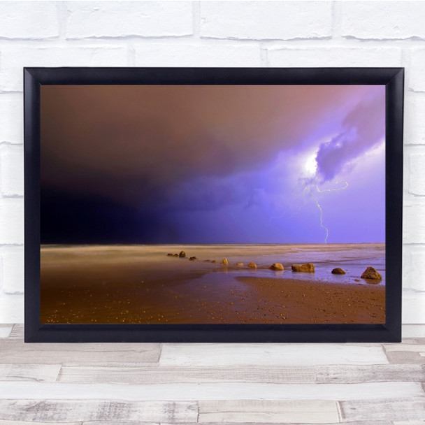 Lightning Winter Night Rocks Beach Sea Thunder Storm Sky Clouds Wall Art Print