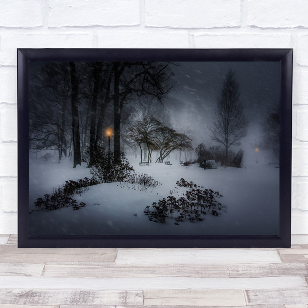 Mood Snow Winter Cold Ice Freezing Trees Benches Bench Snowfall Wall Art Print