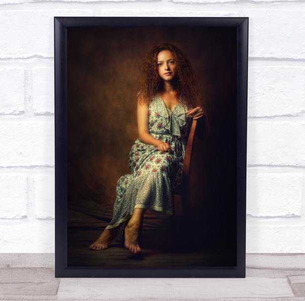Portrait Brunette Model Woman Sitting Chair Studio Person Dress Wall Art Print