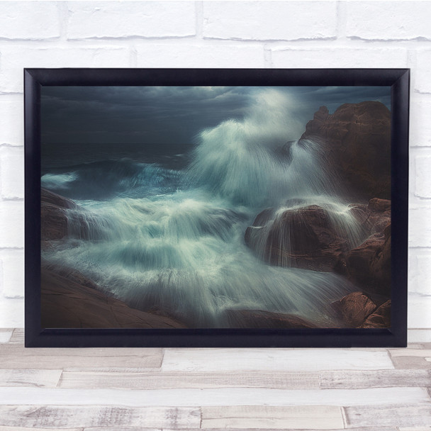 Sea Storm Dark Contrast Art Mood Waves Sprays White Water Green Wall Art Print