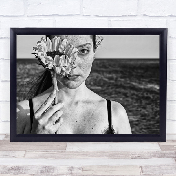 Portrait Sunflower Flower Eye Girl Woman Freckles Freckle Black & White Print