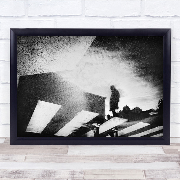 Black & White reflection person silhouette crossing road moody Wall Art Print