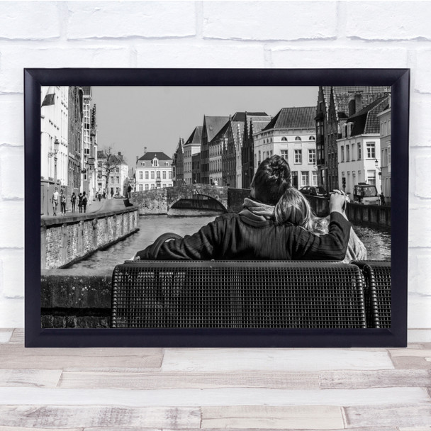 Bruges Romance Romantic Street Love Girl Man Bench Canal River Wall Art Print