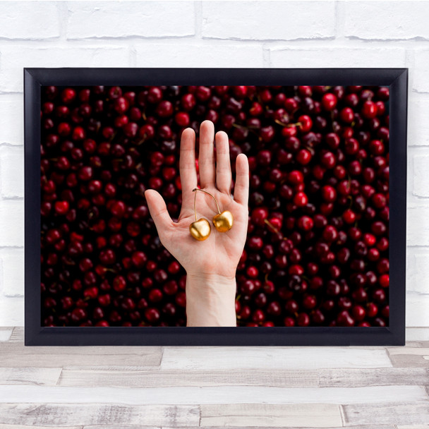 Dark Red Berries and Cherries Golden Cherries in Hands Palm Wall Art Print
