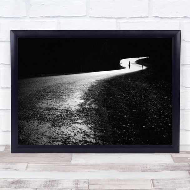 Landscape Black & White Dark Pathway With Person Silhouette Wall Art Print