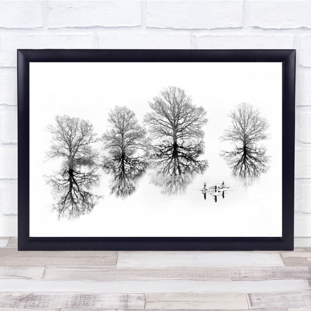 Water Reflection Lake People Peddling Stand Up Paddle Trees Wall Art Print