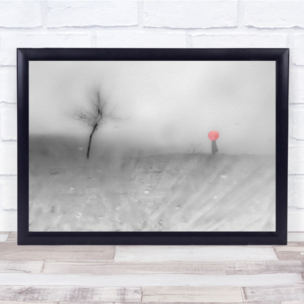 Black & White Bokeh Single Tree Woman Umbrella Red Walking Wall Art Print