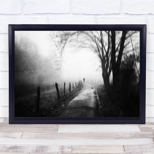 Black & White Road Way Path Fence Countryside Rural Autumn Wall Art Print