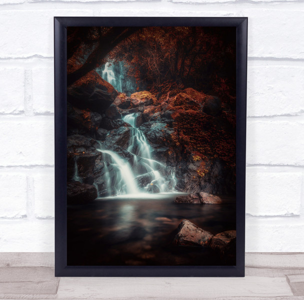 Eden Waterfalls Mood Water Rocks Waterfall Red Autumn Fall Wall Art Print