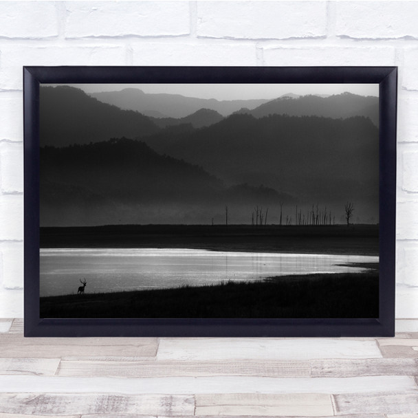 Corbett Spotteddeer Mammals Mountain landscape Monochrome Wall Art Print