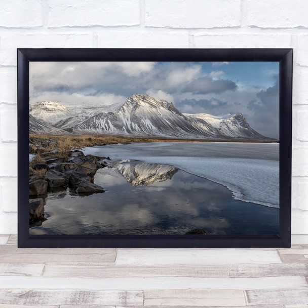 Iceland Landscape Winter Frozen Pond Reflection Mountains Wall Art Print