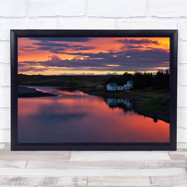 Iceland Water Landscape River Red House Farm Rural Sunset Wall Art Print