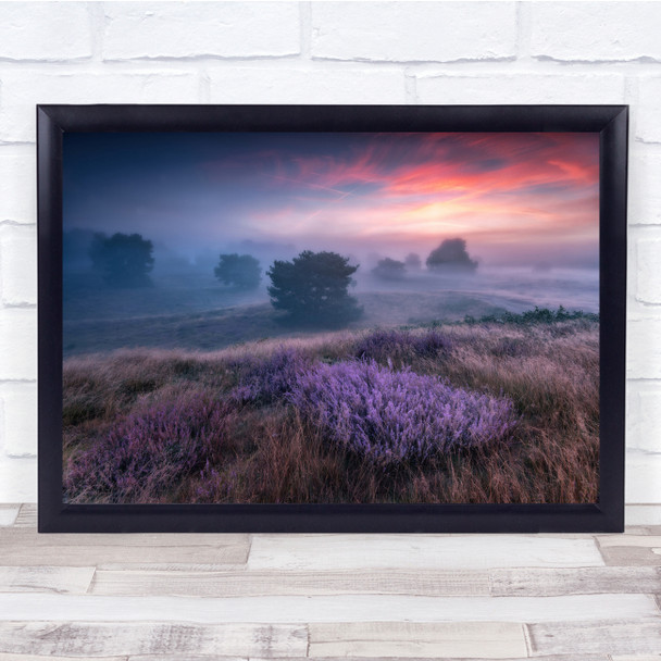 Landscape Fog Mist Haze Sunset Flowers Soft Fields purple Wall Art Print