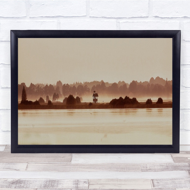 Panorama Sepia Toned Observatory Water Lake Landscape Fog Wall Art Print