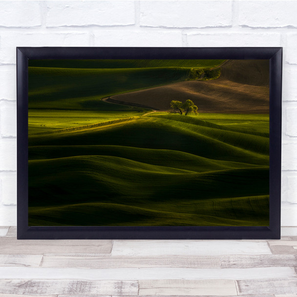 Solitary Landscape Rolling Hills Lonely Trees Green Rural Wall Art Print