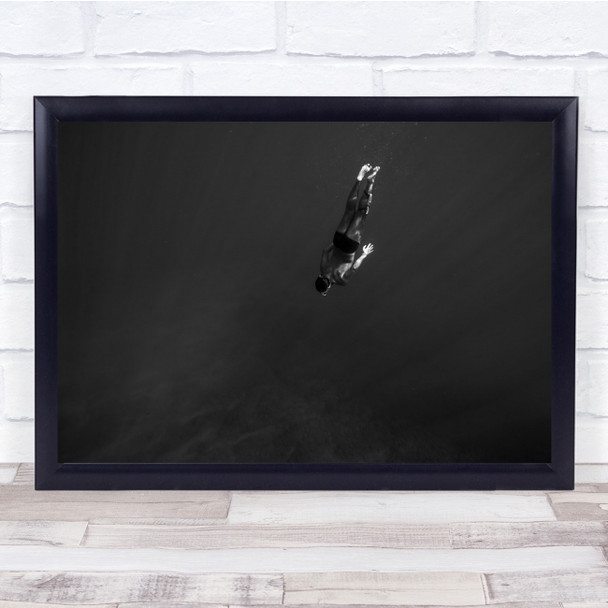 Diving Sport Action Person Underwater Deep Black & White Wall Art Print