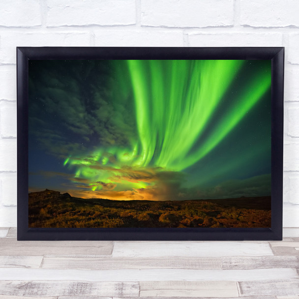 Green Night Sky Landscape Space Universe Aurora Borealis Wall Art Print