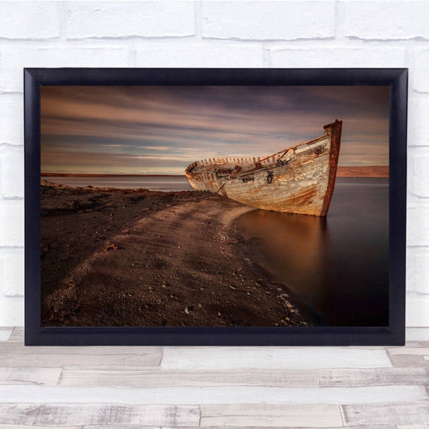 Iceland Boat Old Abandoned Water Sea Reflection Beach Stranded Wall Art Print