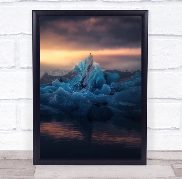 Iceland Clacier Snow Ice Lake Lagoon Golden Sunrise Reflection Wall Art Print