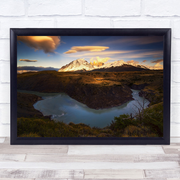 Patagonia Mountains Sky Clouds Torres Del Paine Mountain River Wall Art Print