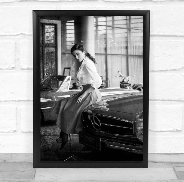 Portrait Black & White Classic Car Mercedes Vintage Retro Girl Wall Art Print