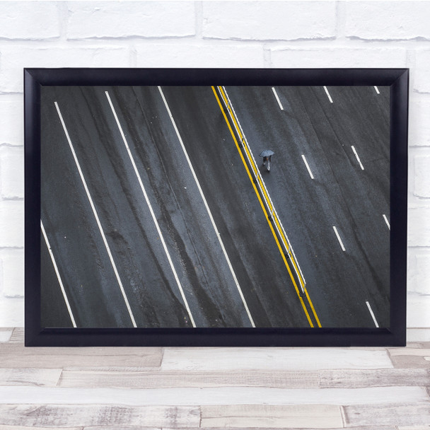 Quiet Road Yellow Line White Lines Lovely Person Umbrella Grey Wall Art Print