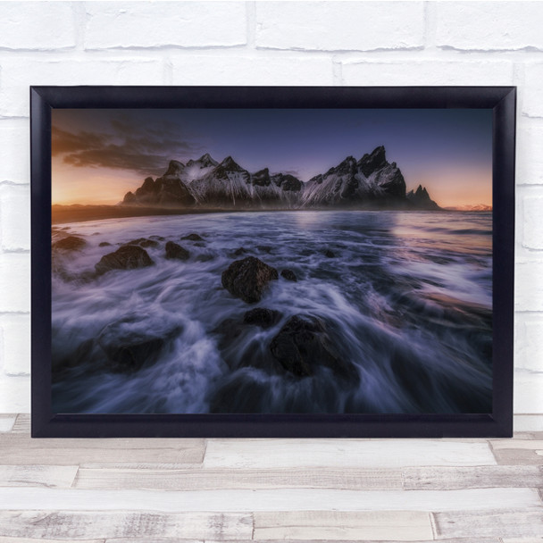 Stokksnes Iceland Mountains Coast Island Silk Water Sea Sunset Wall Art Print