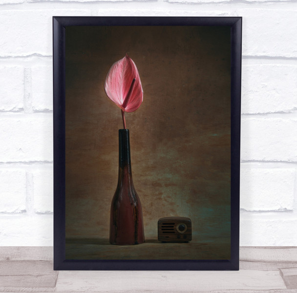 pink leaf in red vase tiny old radio Wall Art Print