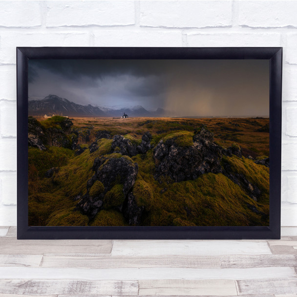 Iceland Landscape Moss Rock Chapel Wall Art Print