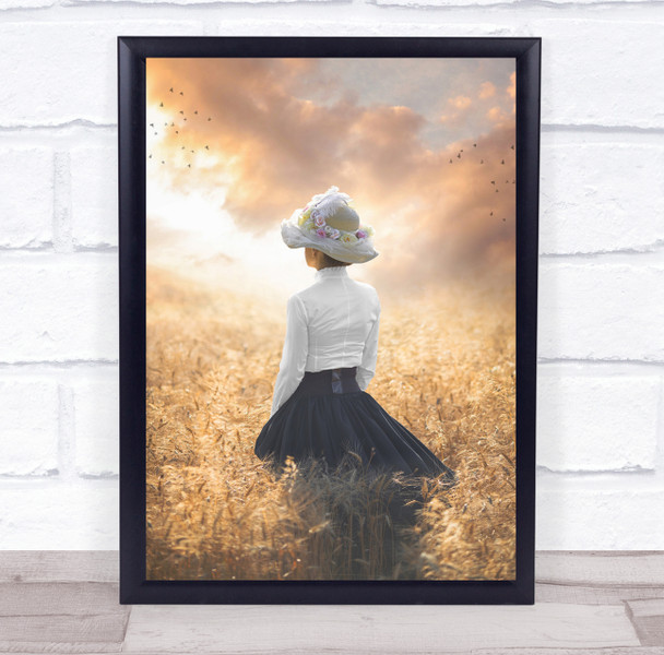 Summer Lady wheat field floral hat Wall Art Print