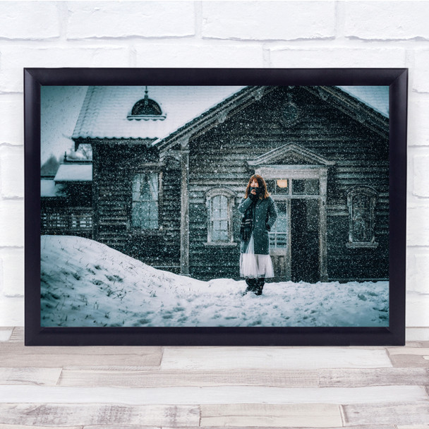 Snow Day Woman Walking Cold House Wall Art Print