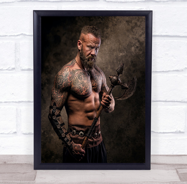 topless Viking Stare axe Tattoo Wall Art Print