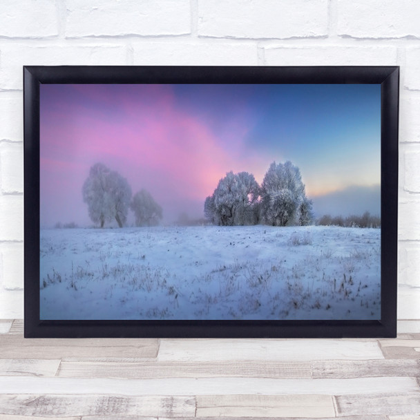 Snowy trees pink sky landscape Wall Art Print