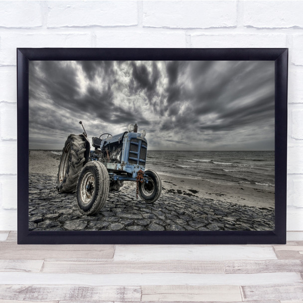 Blue Tractor Greyscale Clouds Wall Art Print