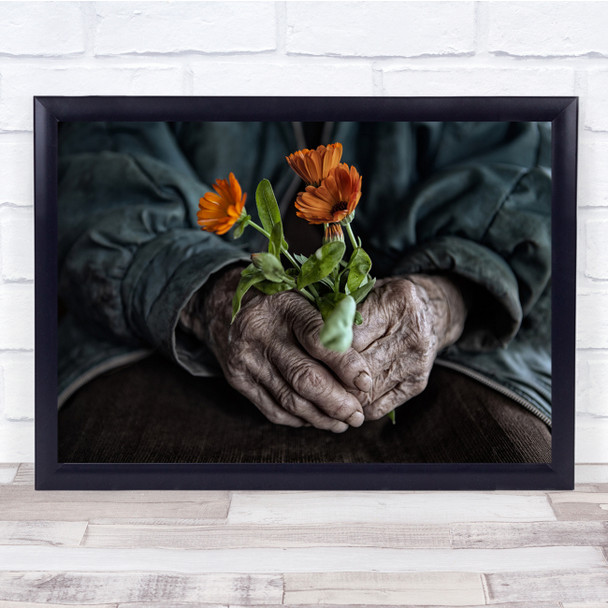 Old Hands Flowers Orange Care Wall Art Print