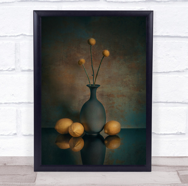 Lemons and vase with flowers Wall Art Print