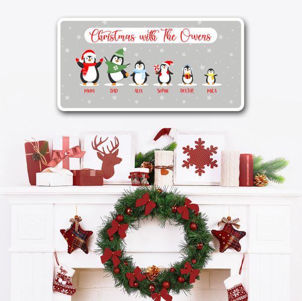 Grey Penguin Family Christmas Decoration Family Name Home Personalised Sign