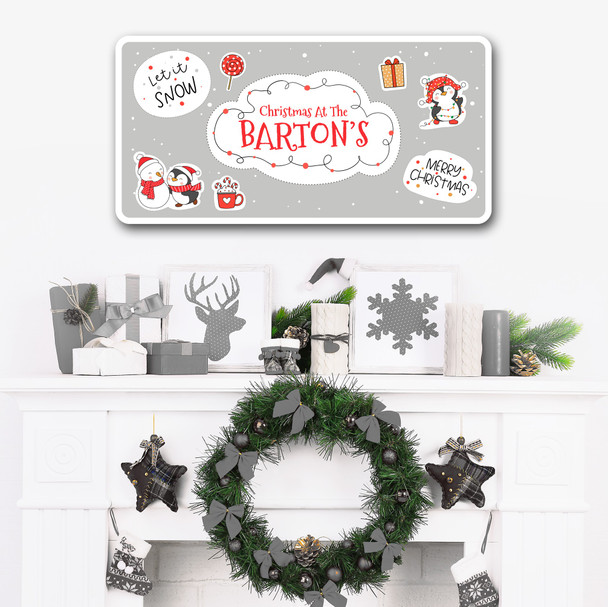 Grey Christmas Decoration At Family Name Penguins Home Personalised Sign